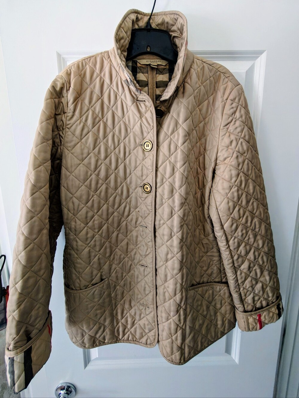 Burberry Quilted Tan Beige Jacket with Signature Trim